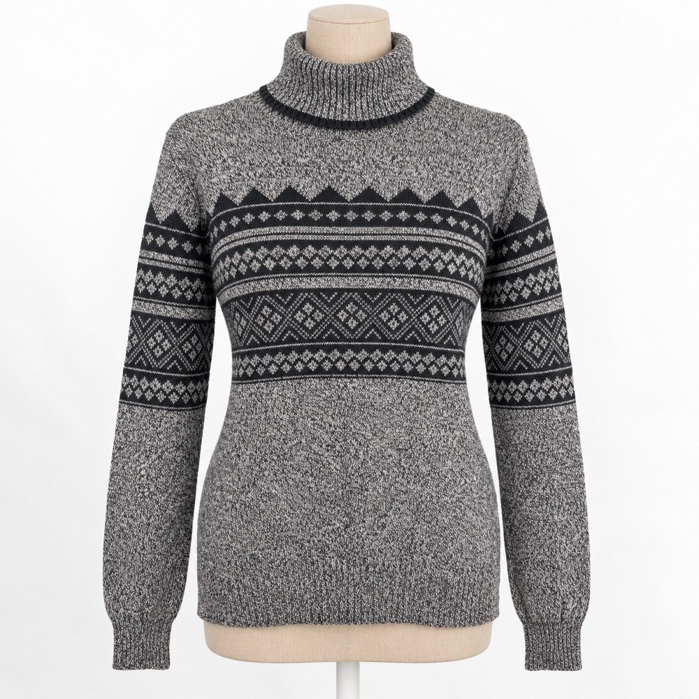 Vintage Fair Isle Mock Neck Sweater Size M Gray Classic Nordic Cottagecore Ski